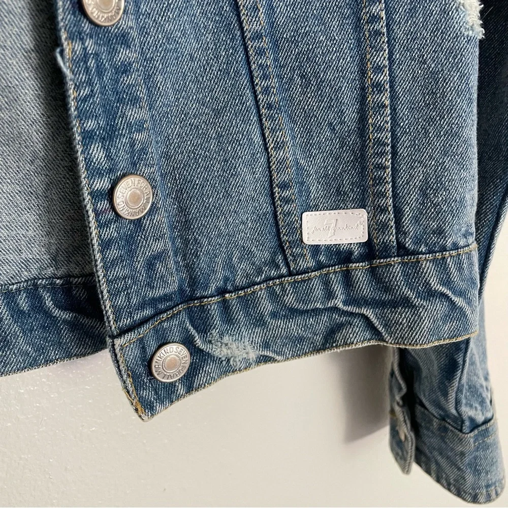 7 For All Mankind Wythe Girls Button Front Distressed Crop Denim Jean Jacket Y2K